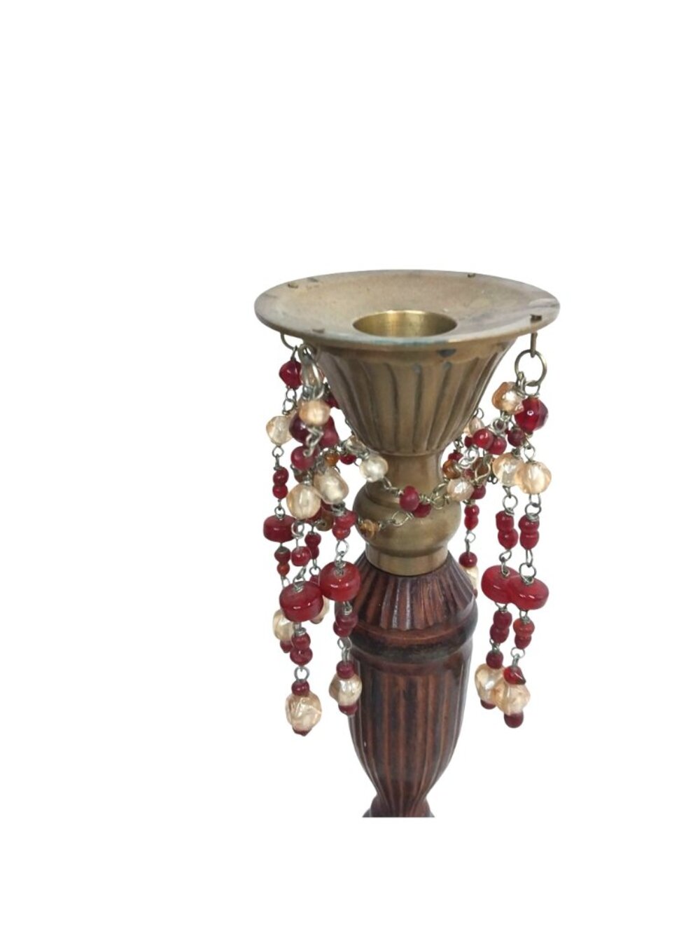 Vintage Brass & Laquered Wood Candlestick Holders Beaded Garland Pair Set of 2 - Picture 4 of 9